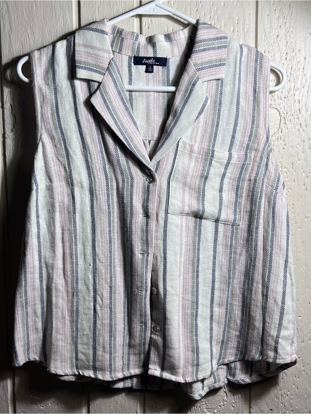 Angels Sleeveless Button-Front Striped Top in Pastel Pink & Navy